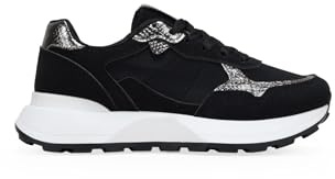 BOSANOVA Zapatillas Deportivas para Mujer con Diferentes Cortes con Detalles Animal Print y Suela de Plataforma Dentada de 4 cm. Cierre con Cordones. Calzado para Mujer Negro 41