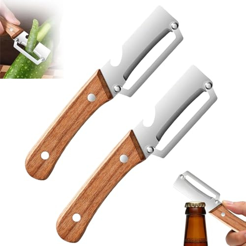 2 PCS Multifunctional Vegetable Peeler for Kitchen, 2-in-1 Stainless Steel Easy Peelers with Ergonomic Wooden Handle and Bottle Opener, Ultra-Sharp Blade Multifunctional Peeler for Fruit & Vegetable
