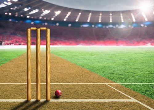 CORFOTO Fabric 1.5x1m Cricket Stadium Backdrop Wickets Ball Sports Arena Scene Photography Background for Cricket Themed Kids Birthday Party Photo Props