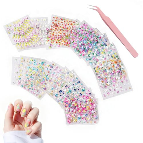 30 Hojas de Pegatinas para uñas con Flores, Adhesivos autoadhesivos 3D Coloridos, Lindas Pegatinas de Margaritas y Colgantes en Forma de corazón para Arte de uñas DIY, decoración Elegante y Creativa