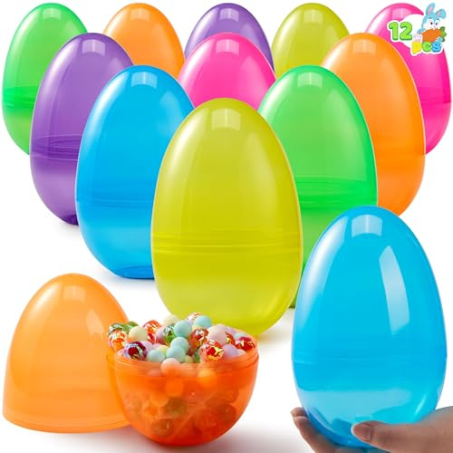 JOYIN 12 Pcs 7 Jumbo Plastic Easter Eggs, Clear 6 Assorted Colors Empty Eggs for Filling Treats Easter Party Favor Hunt Basket Stuffers Fillers Classroom Prize Supplies Toy