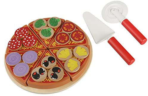 Zerodis Spielküche Pizza aus Holz mit Pizzaschneider - Pädagogisches Küchenspielzeug für Kinder, Mädchen und ab 3 Jahre, Hamburger Kuchen, Rollenspiel, Lernspielzeug