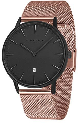 FIREFOX Damen- Armbanduhr Passion analog Quarz Edelstahl rosevergoldet Milanaise Mesh Armband Zifferblatt schwarz 5 ATM wasserdicht FFPL02-011