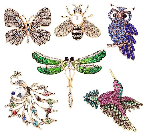 Spilla in cristallo a forma di animale TsunNee, distintivo del costume, libellula, farfalla, colibrì, gufo, pavone, ape, spilla per costume da donna, regalo di nozze, 6 pezzi, strass