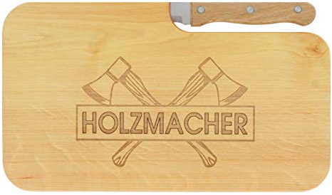 LASERHELD | Brotzeitbrett Holz mit Gravur “Holzmacher” & Messer | 26 x 15 cm | Frühstücksbrettchen Holz Schneidebrett Jausenbrett | Geschenk für Holzmacher Holzfäller als Vatertagsgeschenk…
