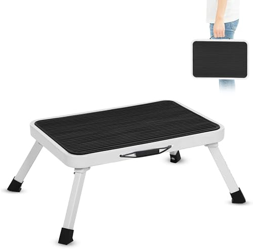 Tritthocker, 1 Ebene, faltbar, rutschfest, aus Stahl, mit Griff – Leiter, Trittleiter, Hocker – Tragkraft 150 kg – leicht zu transportieren – 46 x 32 x 17 cm – Weiß & Schwarz