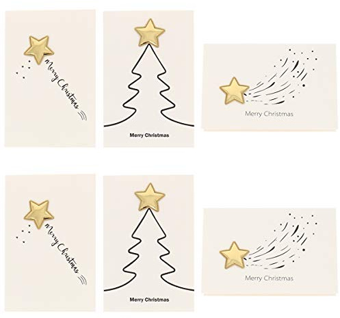 SHIPITNOW Lot de 6 x Carte de voeux Noël 3D étoile Dorée en Relief sans Enveloppe - Pack Carte Noel Originale - Design simple et moderne Sapin de Noël et Merry Christmas pour écrire un Mot