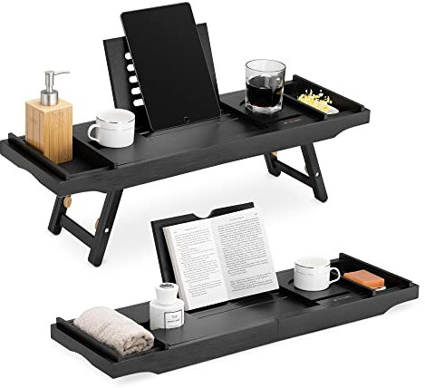 Navaris Bambus Badewannenablage Frühstückstablett ausziehbar - Buch Ablage Weinglas Halterung - Tablett für Badewanne und Bett - Holz in schwarz