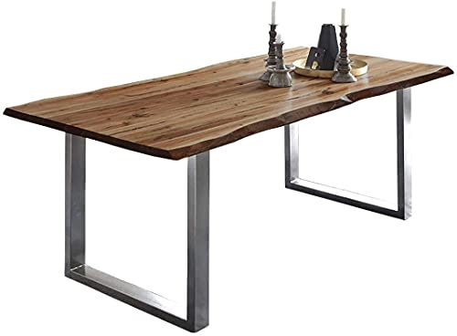SAM Esstisch Mephisto 240x100 cm Akazie nussbaum U-Gestell Edelstahl | Baumkantentisch massiv, Akazienholz nussbaumfarben, 26 mm Tischplatte, Esszimmertisch, Holztisch