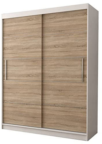 Fabryka Mebli Idźczak Kleiderschrank, Wohnzimmerschrank - Sonoma, Weiß Schwebetürenschrank, Schlafzimmerschrank - ‎61 x 150 x 200 cm - Schrank für Schlafzimmer, Wohnzimmer, Garderobe, modern