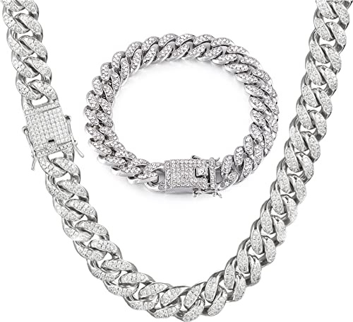 GIHENHAO Cuban Link Chain for Men, Iced Out Chains Silver Necklace Bracelets Bling Diamond Chain for Mens Women Boys 13 mm Hip Hop Jewellery
