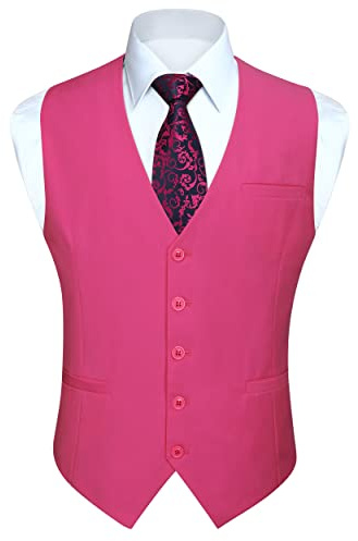 HISDERN Gilet Da Abito Da Uomo Gilet Tinta Unita Da Festa Di Nozze Cerimonia Panciotto Formale In Cotone Per Uomo,Fucsia,L
