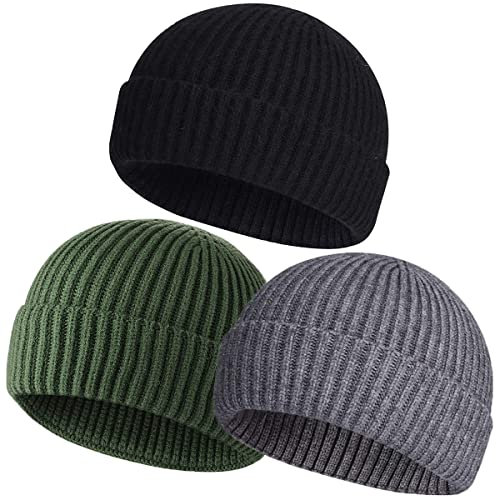vidsel Kurze Fischermütze für Herren und Damen, Swag Wolle Strickmanschette Trawler Skullcap, Winter warme Mützen, 3 Stück: Schwarz, Grau, Grün, Einheitsgröße