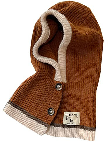 JDYaoYing Wintermützen für Damen, warmer Kapuzenschal, gestrickt, Kopfbedeckungen, gestreift, Beanie, geknöpfte Mütze, Nackenwärmer, Kaffee, 6