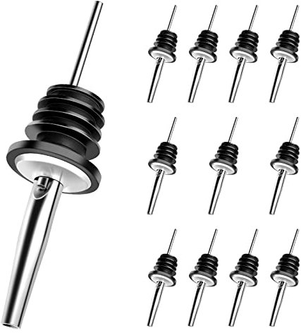 UKOFEW 12 Piezas Vertedor de Botellas, Boquillas Aceite In Acero Inoxidable, Botella Vertedores Espíritu, Reutilizable, Para Botellas, Cócteles, Vinos, Ginebra, Fiestas y Bares (Negro)