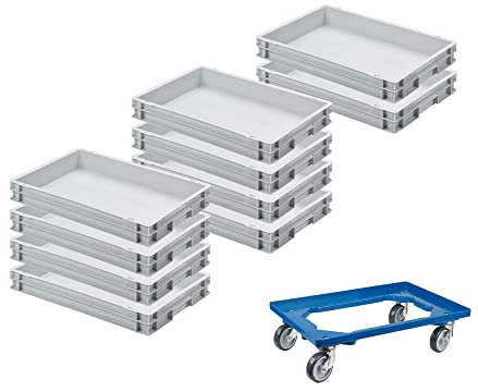 SparSet 10x Eurobehälter mit geschlossenem Griff & 1x Transportroller Blau | HxBxT 7,5x40x60cm | 15 Liter | Eurobox, Transportbox, Transportbehälter, Stapelbehälter