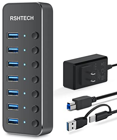 Powered UBS Hub, RSHTECH 7 Port USB 3.0/USB C Hub Upgraded Version Aluminum USB Hub with 2-in-1 USB Cable,5V 3A Power Adapter and Individual Switches, USB Port Expander Hub for Laptop and PC, RSH-ST07