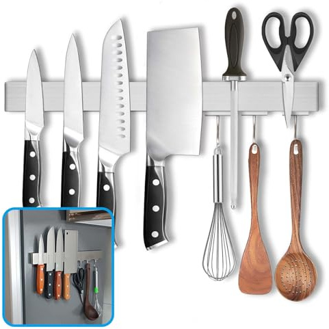 HomeSimplex Magnetischer Messerhalter für Kühlschrank mit Haken, 40,6 cm, magnetischer Messerleiste ohne Bohren, magnetische Messerleiste, Küchenutensilienhalter, Aufhänger, 304 Edelstahl,