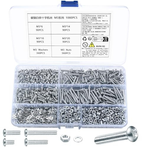1080 Pcs M3 Cross Pan Head Screws Bolts and Nuts Set, Hex Socket Head Button Head Machine Screws Bolts and Nuts with Washers Assortment Kit for Home Office Industrial, M3 x 6/10/14/20mm