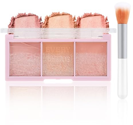 Apooliy Palette di fard a 3 colori, fard in polvere per il trucco delle guance, fard glitterato con pennello, a lunga tenuta, altamente pigmentato