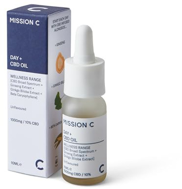 Mission C High Strength CBD Oil Drops for the Day, 1000mg, Infused with Ginseng, Coconut MCT Oil and Ginkgo Biloba for Your Daily Boost,100% Natural, Day-time Use