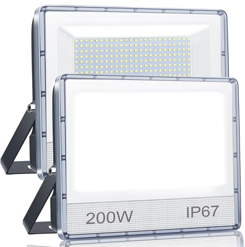 Focos LED Exterior 2PCS 200W 20000 Lúmenes Potente Proyector Exterior | 6500K Blanco Frío, IP67 Impermeable Floodlight para Jardín Garaje Patio Taller