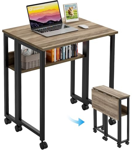 GreenForest Litet Hopfällbart Skrivbord med Hjul, 80×50cm Bärbart Hopfällbart Skrivbord, Hopfällbart Skrivbordsbord med Förvaring, Datorbord för små arbetsstationer, Enkel Montering, Grå