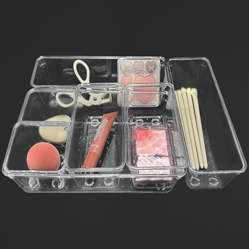 Xpieoyrm 7 Stück Schubladen Ordnungssystem,Transparente Veranstalter mit 4 Größen, Klar Kunststoff Küchen Organizer, Make Up Organizer Kommode Aufbewahrungsboxen Trennbox für Bad Büro Gadgets