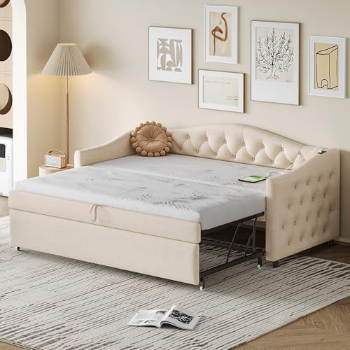 Merax Schlafcouch Ausziehbar 90 x 200 cm, Klappsofa mit USB-Anschluss, Couch Bett 2 Sitzer mit Schlaffunktion, Leinenstoff, Beige (Ohne Matratze)