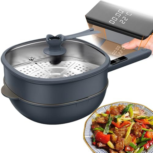 Hot Pot Electric, Padella Antiaderente Multifunzione con Vaporiera e Coperchio, Maniglia Display Temperatura e Sveglia Temporizzata, Padella in Alluminio per 2-6 Persone, per Piani Cottura