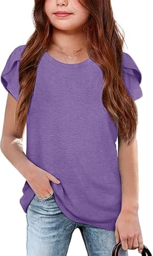 Haloumoning Maglietta estiva da ragazza, a maniche corte, casual, con scollo rotondo, in tinta unita, viola., 13-14 Anni