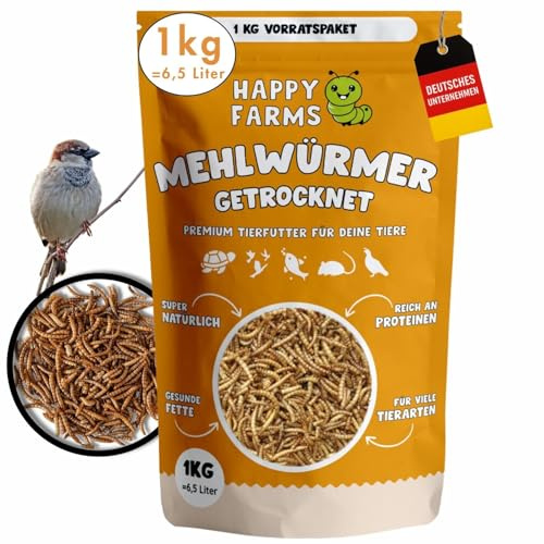 HappyFarms vers de Farine séchés - 1 kg - Nourriture Naturelle de qualité supérieure pour Oiseaux Sauvages, Reptiles et hérissons