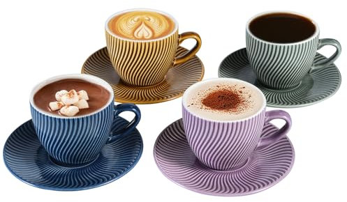 Yundu Set di 4 tazze da cappuccino, in ceramica moderna, con piattini, set di tazze da caffè, perfette per latte, moka e matcha. (4 colori)