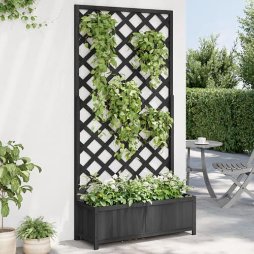 Myheimly Tannenholz Massiv Garten Spalier mit Blumenkasten Gartenspalier Rankgitter Rankhilfe Pflanzkasten Blumenkübel Schwarz,90 x 35 x 180 cm