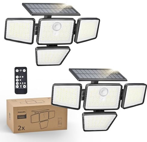 Philips Solar Security Light Outdoor, 196 LED Wall-Mounted Flood Light w/PIR Motion Sensor, 3 Modes, 4 Adjustable Heads Solar-Powered Floodlights with Remote Control, IP65 Waterproof (2 Pack)