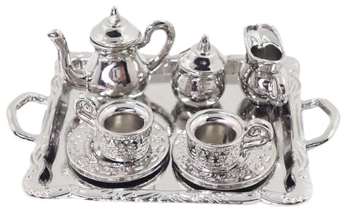 Mini Juego de té, Juego de té en Miniatura de Metal a Escala 1/12, de pequeño con diseño Vintage, de Bandeja Decorativa para Tazas de en Miniatura para casa de muñecas, Adorno p