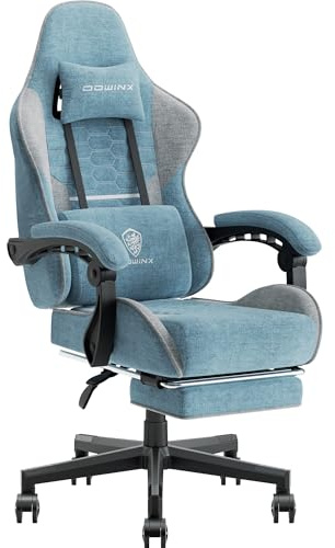 Dowinx Gaming Stuhl Tasche Frühling Kissen, Atmungsaktiver Bürostuhl aus Hochwertigem Stoff, Ergonomischer PC-Stuhl mit Kopfstütze, Drehbarer Schreibtischstuhl mit Fußstütze,Blau