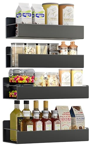 SEGNAYEN Magnetic Spice Rack for Fridge, No Drilling Kitchen Magnetic Storage Shelf, Magnet Spice Organizer for Kitchen Organization and Storage, Black, 4 Pack