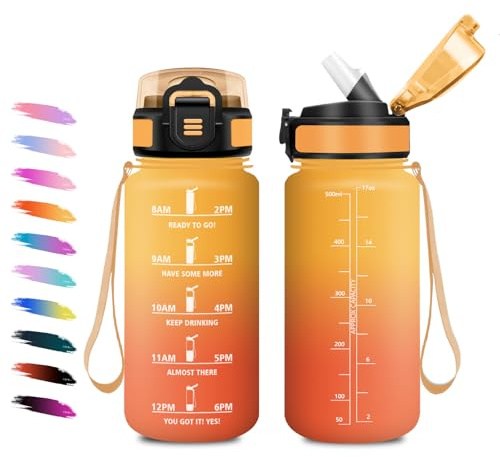 Trinkflasche 500ml, Wasserflasche mit Strohhalm, Motivierende Wasserflasche mit Zeitmarkierungen, Auslaufsichere, Trinkflasche Kohlensäure Geeignet, Sportflasche für Schule, Büro, Picknick, Gym