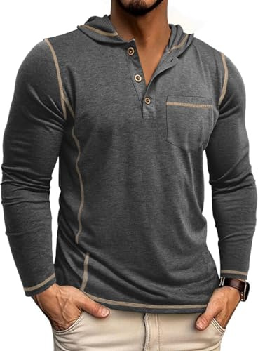 YawYews Tee Shirt Homme Manche Longue à Capuche Tshirt avec Poche Polo Long Sleeve Léger Regular Fit Gris M