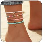 JOOTUEPO 4 Stück Fußkettchen für Damen, Sommer Boho Geschichtet Wulstige Fußkettchen Elastische Bunte Perlen Armband Kette Ästhetische Bohemian Fußketten für Damen Sommer Strand Schmuck Geschenk