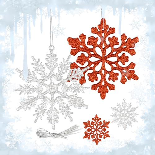 24 Stück Schneeflocken Deko Weihnachten, Christbaumschmuck, Weihnachtsbaum Deko, Baumschmuck Weihnachten, Glitter Schneeflocken Anhänger für Weihnachtsdeko Fensterdeko Weihnachtsbaum Deko(Rot Silber)