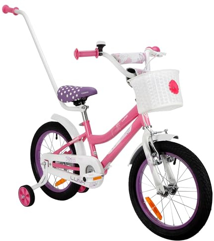 MIRAVO Kinderfahrrad Fahrrad Kinder Mit Schubstange V-Brake Bremsen Rückstrahl Aufkleber 12 14 16 20 Zoll Radgröße Korb Für Mädchen Luna Pink