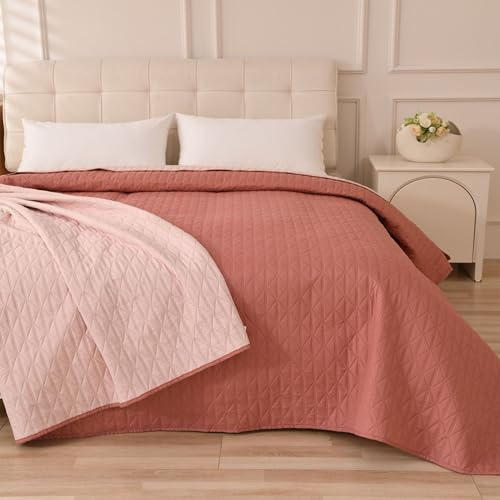 Caritex Copriletto Trapuntato Santorini per Letto Matrimoniale, in Microfibra, Bicolore e Reversibile - Trapuntino Primavera e Autunno - 260x260 cm M608 [Rosa Antico - Rosa Cipria]