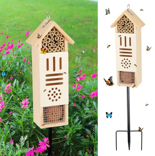 Wooden Insect House, Bee House with Metal Stake for Garden