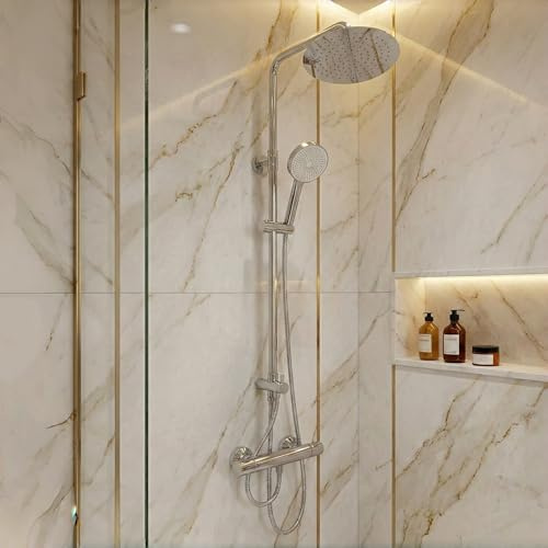 VIMENTI Thermostatic Shower Mixer Set with Solid Brass Valve, Chrome Rainfall & Adjustable Handheld Shower System, High-Pressure Wall-Mounted, Anti-Scald, Easy Installation (Without Tub Spout)