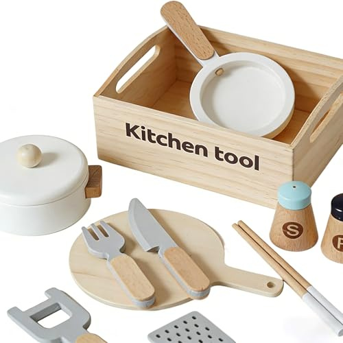 Kinderküchen-Spielset Aus Holz – 10-teiliges, Realistisches, Sicheres Rollenspiel, Lehrreiche Kochutensilien, Langlebiges Holzspielzeug | Rollenspielzubehör Für Kinder, Mädchen, Weihnachts- Un