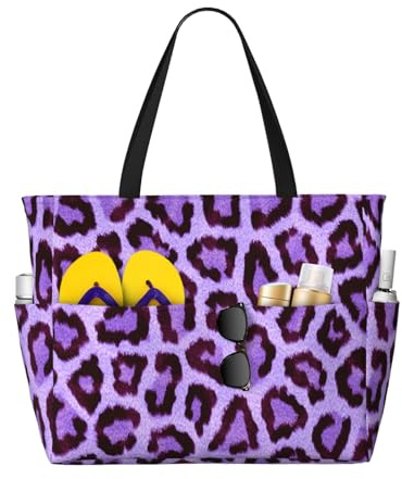Hnnkloy Estampado de leopardo lila,Bolso de playa de gran capacidad, bolso de hombro de viaje para mujer, bolso de mano impermeable.