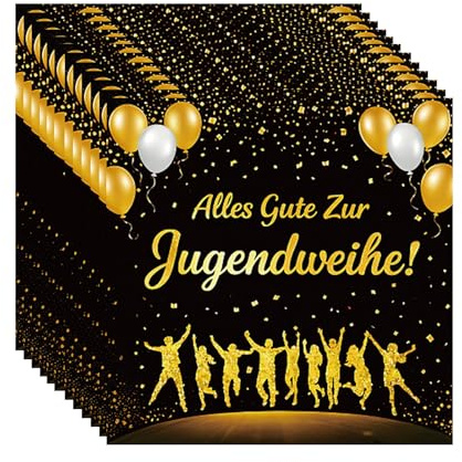 YOKJGHDO Jugendweihe Deko Servietten Schwarz Gold 50 Stück, 33x33cm Papierservietten mit Alles Gute Schriftzug und Luftballons, Edle Tischdeko für Jungen und Mädchen Party