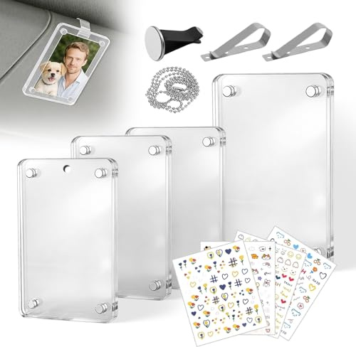 4 Fotohalter fürs Auto aus Acryl Set mit 4 Foto Magnete und Aufklebern | Kreative Auto Deko zum Einsetzen Fotos, mit Befestigungsklammern aus Edelstahl und Aufhängeschnur,Bilderrahmen Personalisiert